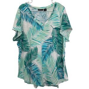 TAHARI Blouse 2X Tropical Palm Leaf V-Neck Short Sleeve Lightweight Cotton Top